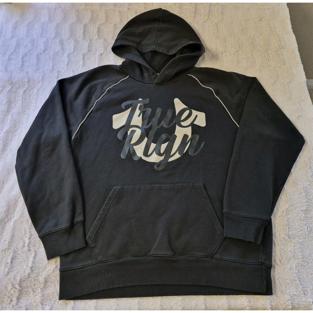 True Religion Pullover Hoodie Sweatshirt Men's Large Horse Shoe Spell Out Logo
